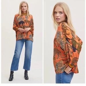 Conditions Apply Anthropologie Medium Orange wild cat animal top